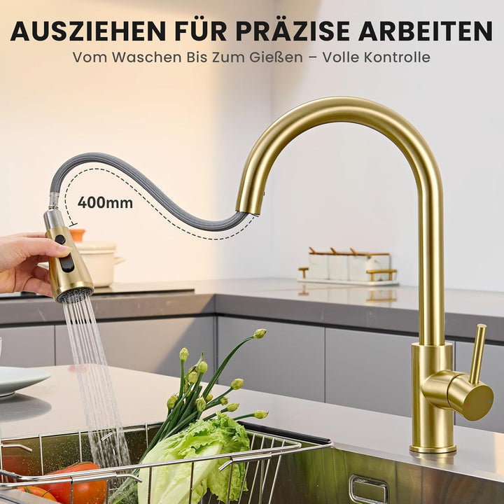 Wasserhahn küche mit Ausziehbar Hochdruck fur Spüle - Küchenarmatur Gold mit Brause - Edelstahl Arma