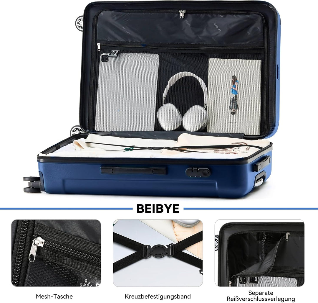 BEIBYE Hartschalen-Koffer Trolley Rollkoffer Reisekoffer Handgepäck 4 Rollen (M-L-XL-Set) (Blau, Set