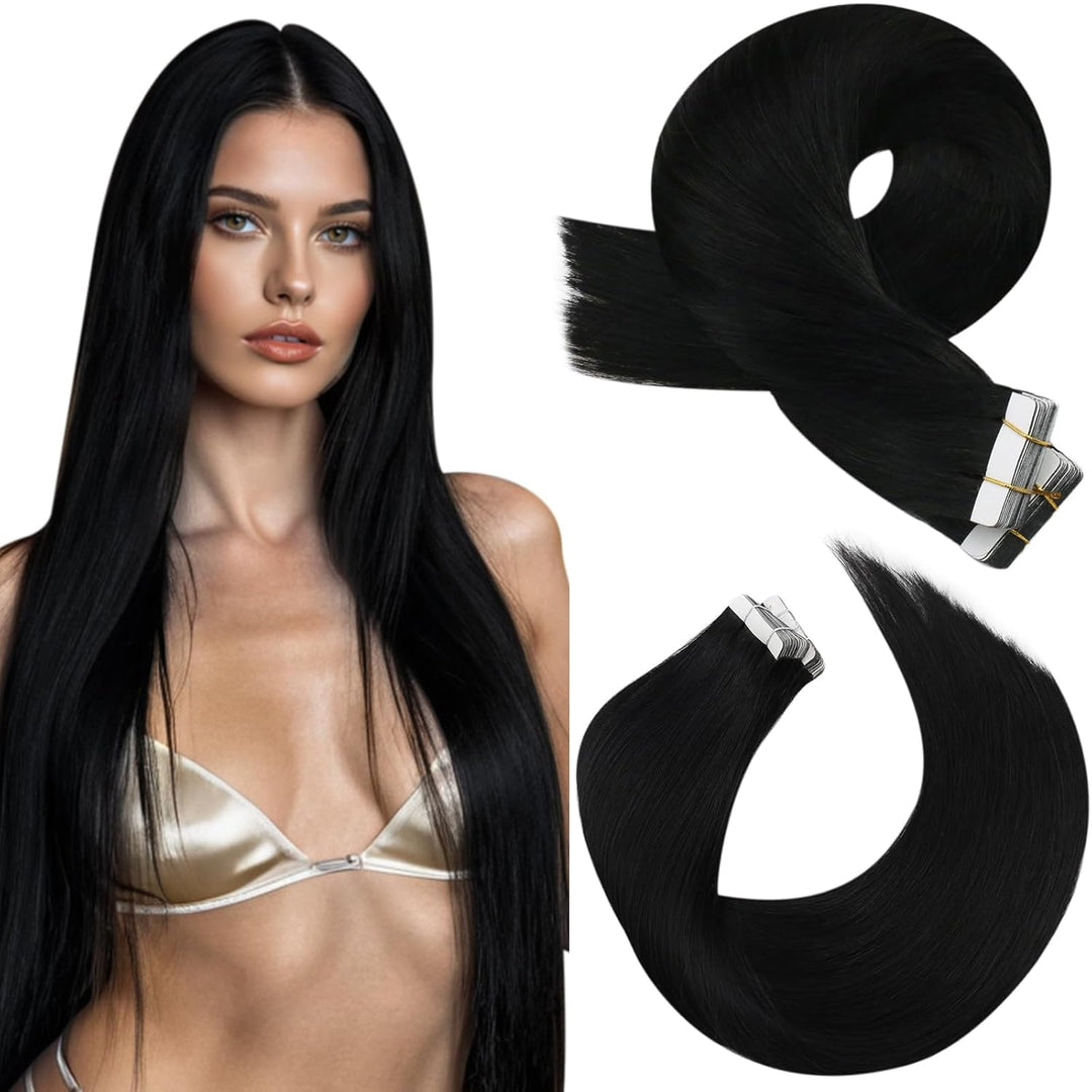 Moresoo Tape in Extensions Echthaar Schwarz Haarverlängerung Echthaar Tapes Klebeband Skin Weft Exte