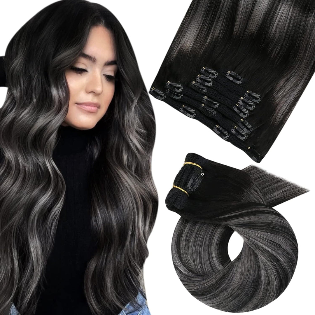 Moresoo Remy Echthaar Extensions Clip in Schwarz Silber Haarverlängerung Echthaar Clip in Extensions