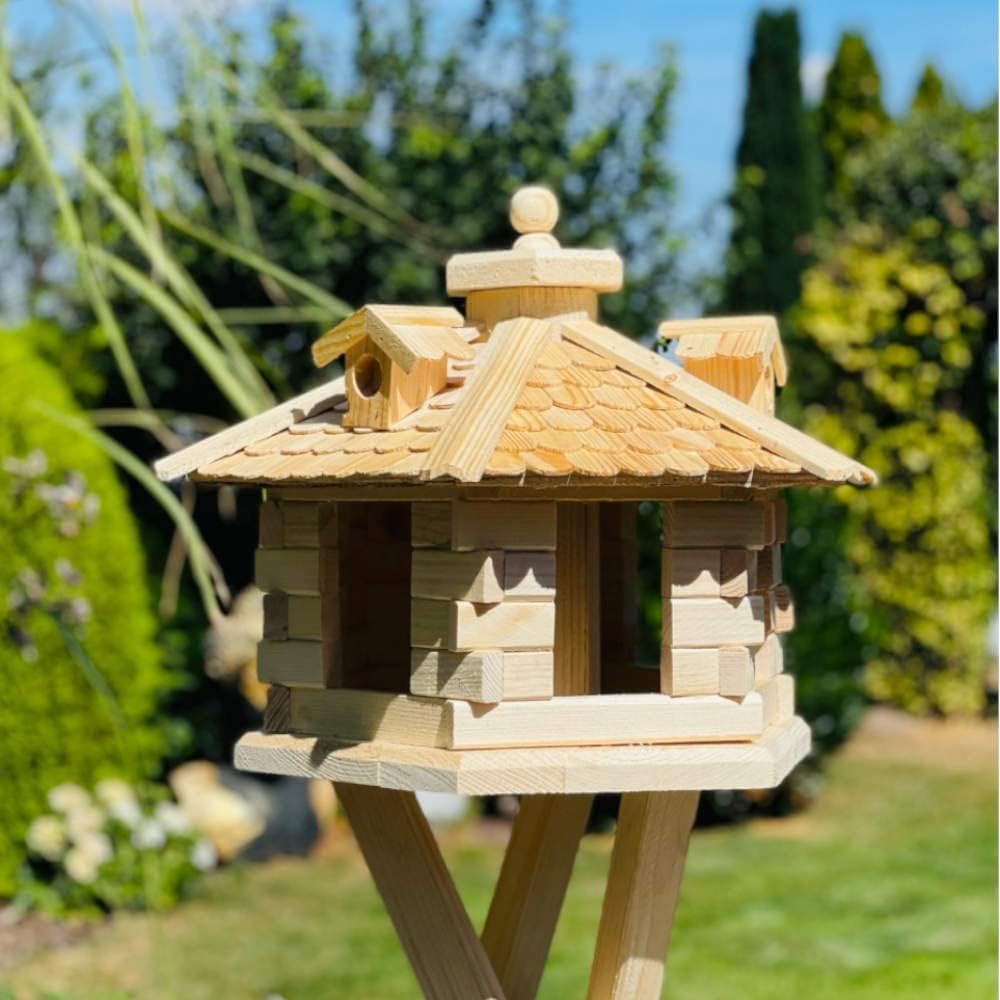 Sechseck Vogelhaus aus Holz L - XL Futterstelle mit und ohne Ständer handgefertigt (L ohne Ständer,