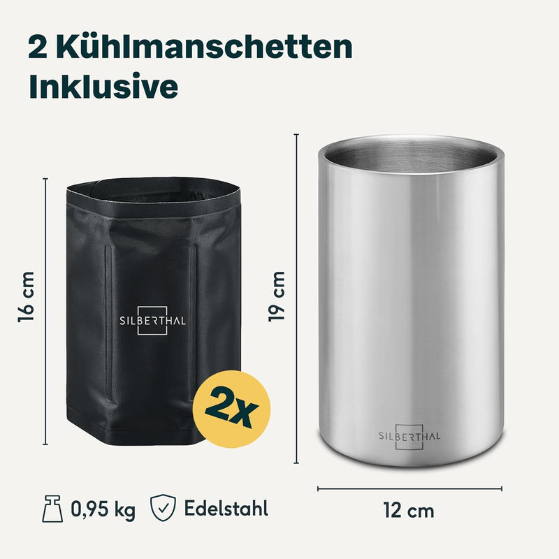 SILBERTHAL Weinkühler Edelstahl Doppelwandig mit 2 Kühlmanschetten - Aktive Kühlung mit Kühlmanschet
