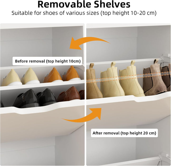 VOWNER Schuhschrank mit 4 Klappen, Schuhschrank Weiss, Schmaler Schuhregal, mit 8 Fächern, Schuhabla