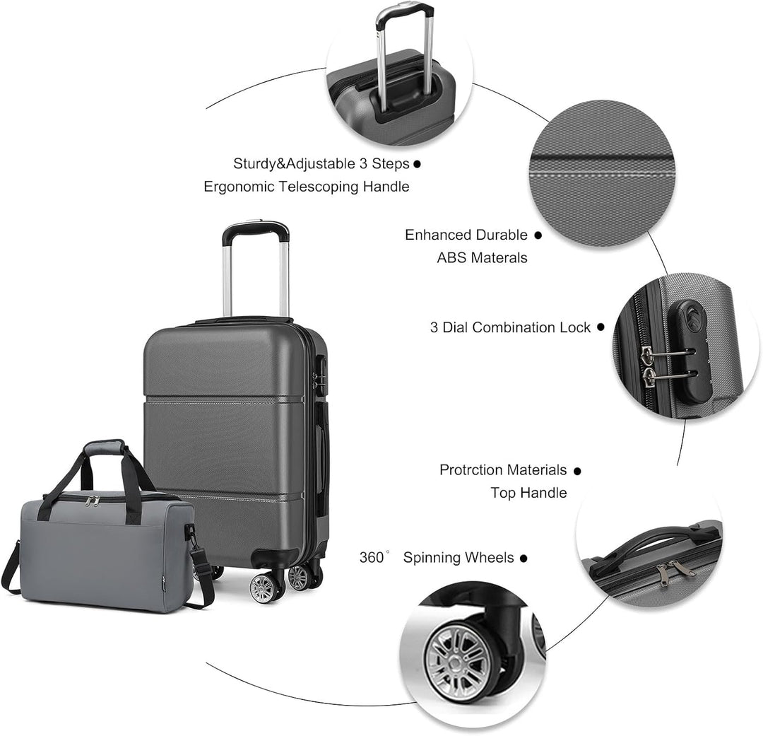 Kono Gepäck-Set, 2-teilig, Handgepäck, Kabinenkoffer, Hartschalen-Spinner-Räder mit Reisetasche, lei