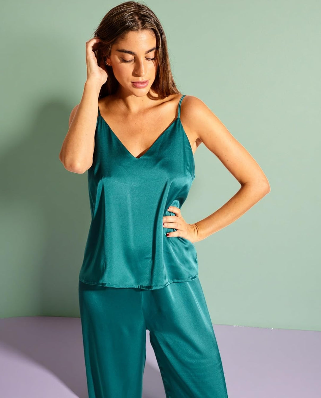 Laura in - Damen-Kleidungsset Satin-Seidenpyjama für Damen 2-teilig einfarbig Satin-Schlafanzug Top-