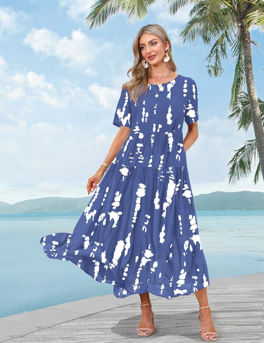 YESNO Damen Kleider Freizeit Lose Sommerkleid Lang Boho Maxikleid für Rundhals Strandkleid Blumenkle