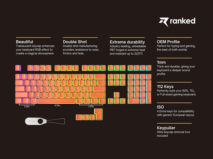 Ranked Pudding PBT-Tastenkappen | 112 Double Shot Transluzent ANSI US- und ISO-Layout | OEM-Profil f