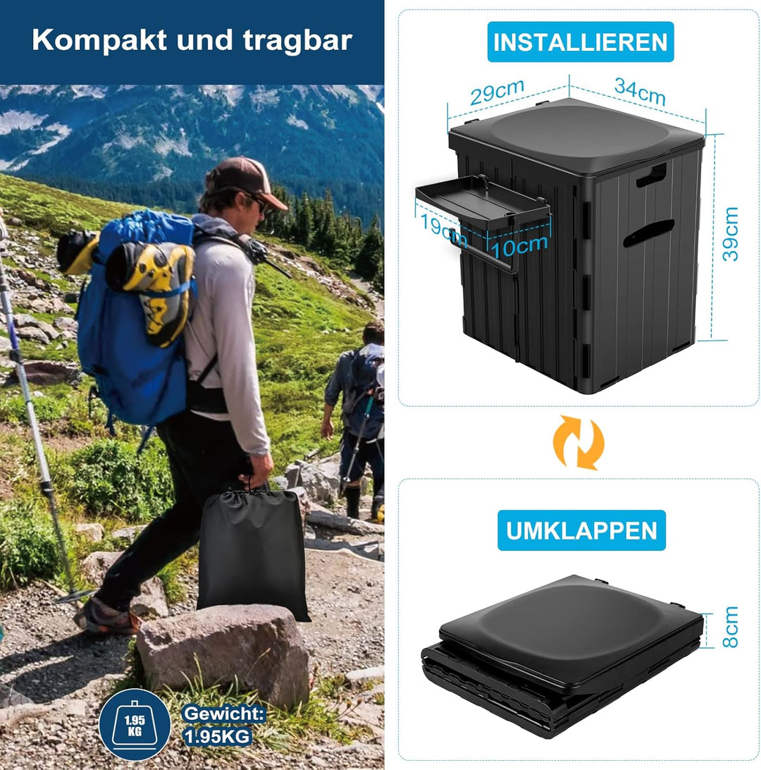 WADEO Tragbare Campingtoilette mit Deckel, 39 cm hohe Mobile Toilette mit 12 Stück Toilettenbeutel,