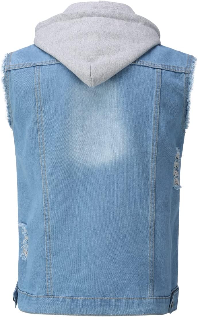 YOUTHUP Weste Herren Denim Weste mit Kappe Regular Fit Zerrissen Jeansweste Ärmellose Freizeitweste
