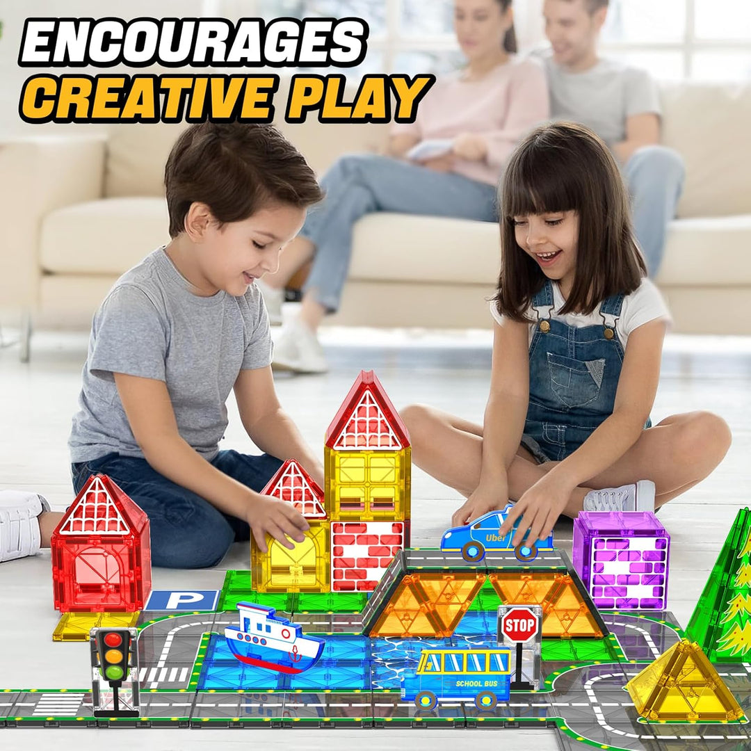Magnetische Bausteine Strassen-Set mit Auto Magnetspiel Magnete Kinder Ausfahrbarem Magnetbausteine