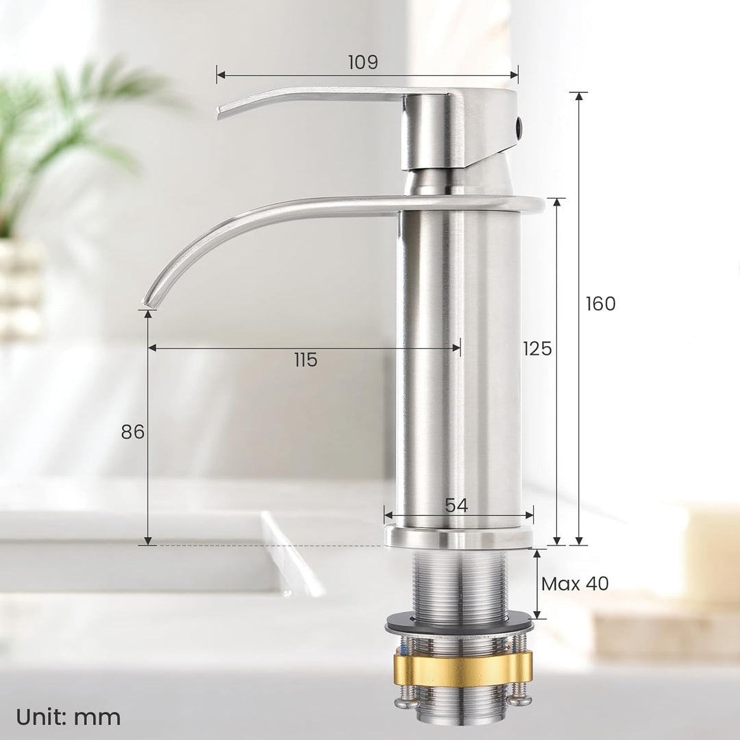 CECIPA Wasserhahn Bad Gebürstet, Edelstahl Waschtischarmatur mit Auslauf Höhe 86 MM, Waschbecken Arm