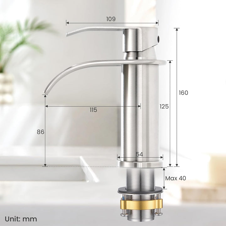 CECIPA Wasserhahn Bad Gebürstet, Edelstahl Waschtischarmatur mit Auslauf Höhe 86 MM, Waschbecken Arm