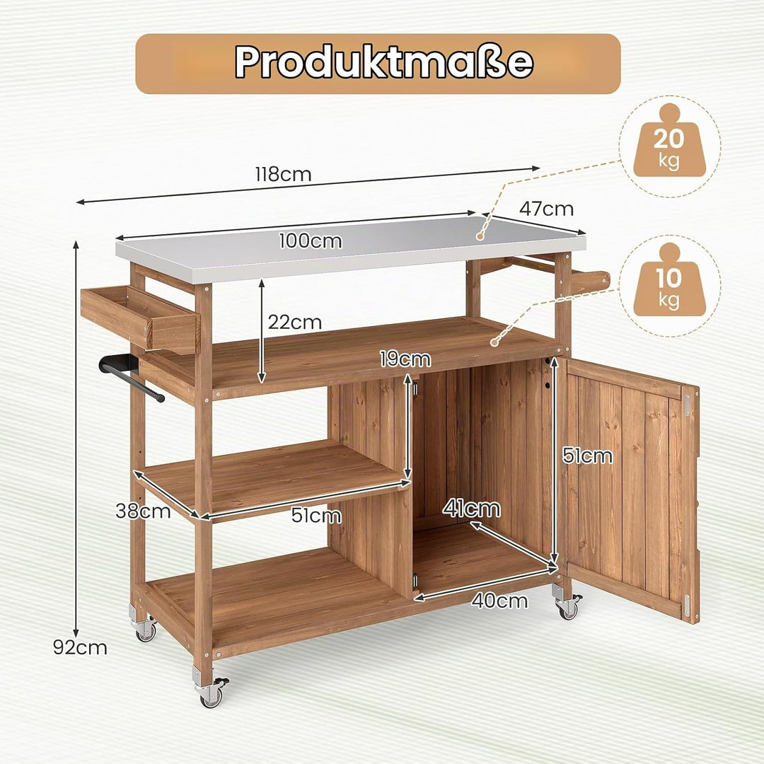 GIANTEX Grillwagen Servierwagen Outdoor, Küchenwagen auf Rollen, Kücheninsel mit Edelstahl Arbeitspl