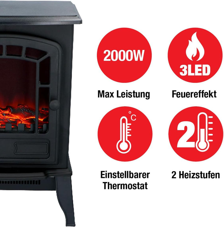 Classic Fire 'Torino' - Elektroheizung mit Kaminfeuer Effekt - 2000W, 22417, Torino - Schwarz, 25x39