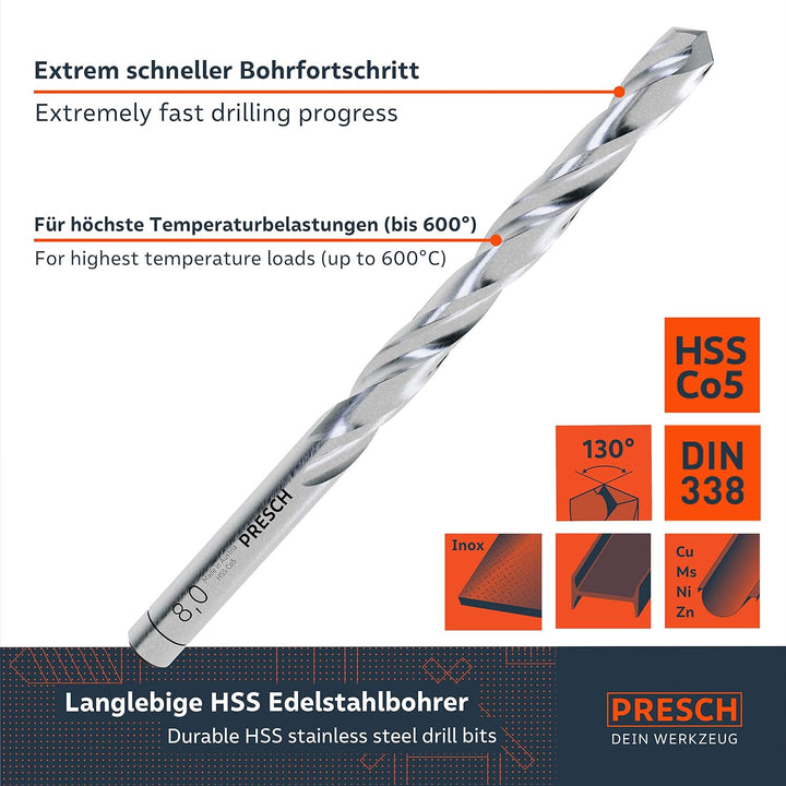 Presch Metallbohrer Set HSS Cobalt 19-tlg - Edelstahl Bohrersatz - Hochwertiges Bohrer Set für Metal