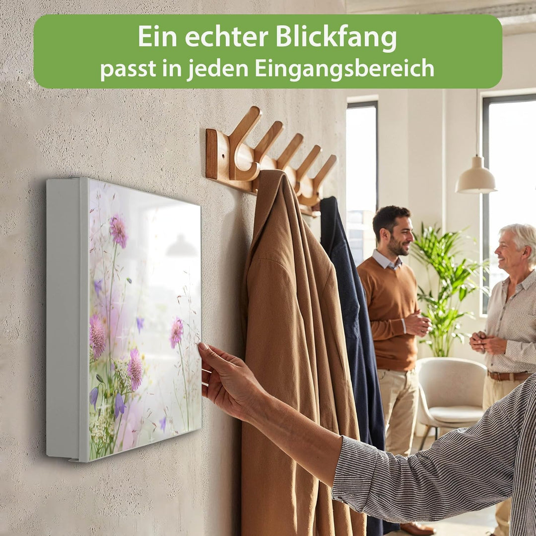 banjado® Grosser Schlüsselkasten Glas/Schlüsselbox 30cm x 30cm mit 50 Haken - Motiv Glitzernde Wiese