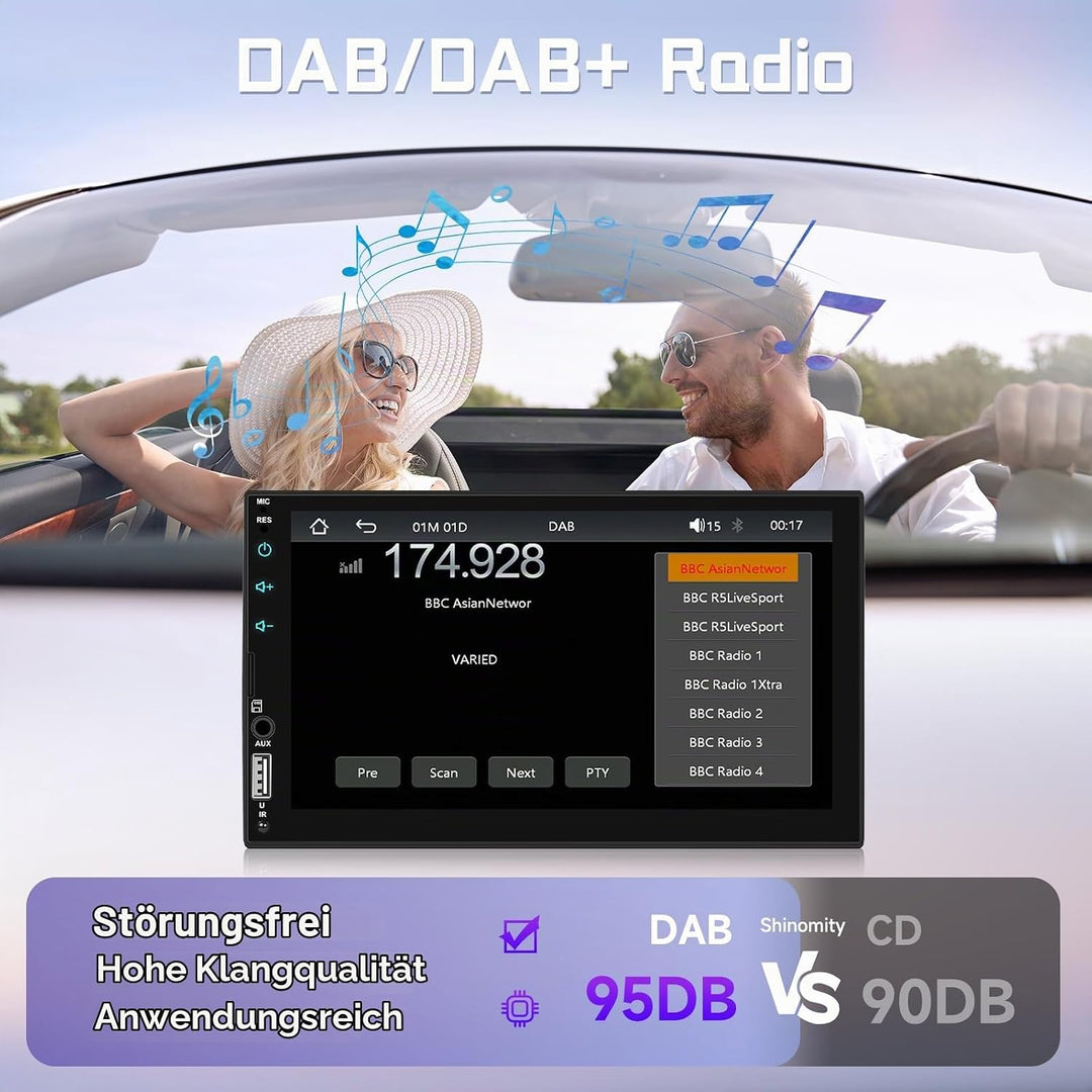 DAB/DAB+ Doppel-DIN-Autoradio mit kabellosem Carplay Android Auto Mirror Link, 7-Zoll-Touchscreen, 2