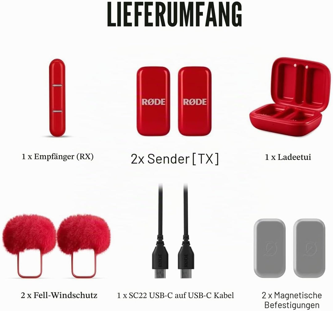 Rode Wireless Micro Drahtloses Mikrofon-System USB-C für Smartphones Rot mit keepdrum Mikrofasertuch