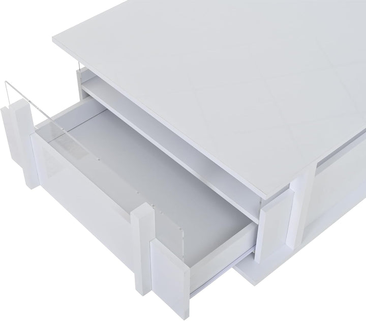 okwish Couchtisch Hochglanz,Sofatisch mit Zwei Schubladen und LED-Beleuchtung,Wohnzimmertisch,Quadra