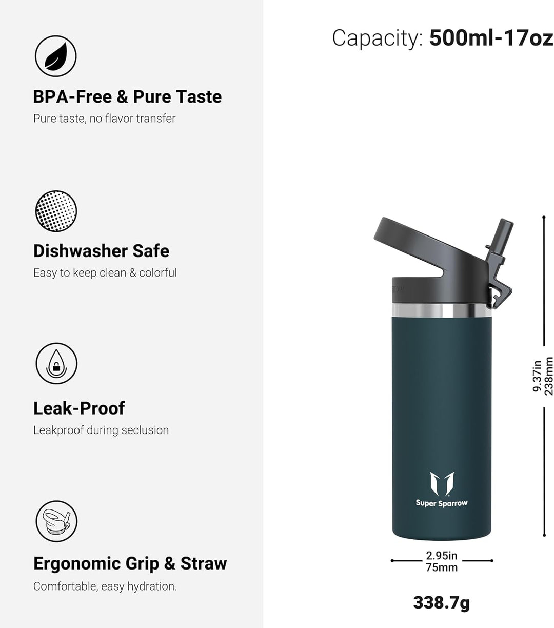 Super Sparrow Trinkflasche Kinder 500ml - Breite Öffnung SwivelSip Thermosflasche - BPA-Frei Thermos