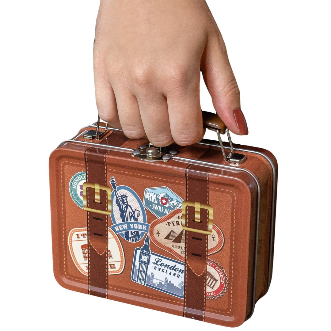 Mini Koffer - Kleine Keksdose mit beweglichem Henkel und Stickern - lebensmittelecht - Vol. ca. 0,8L