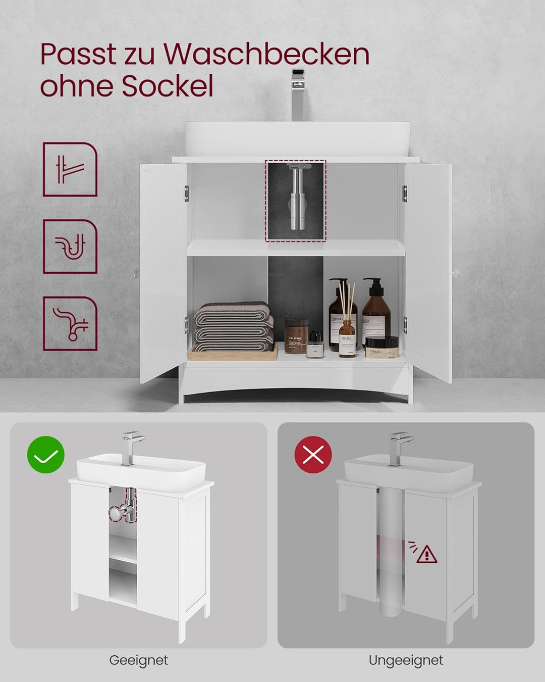 VASAGLE Waschbeckenunterschrank, Unterschrank, Waschtischunterschrank, Badezimmerschrank mit 2 Türen