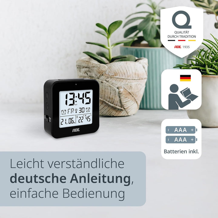 ADE Funkwecker digital mit Batterie | 2 Weckzeiten | Temperaturanzeige | Luftfeuchtigkeit | Reisewec