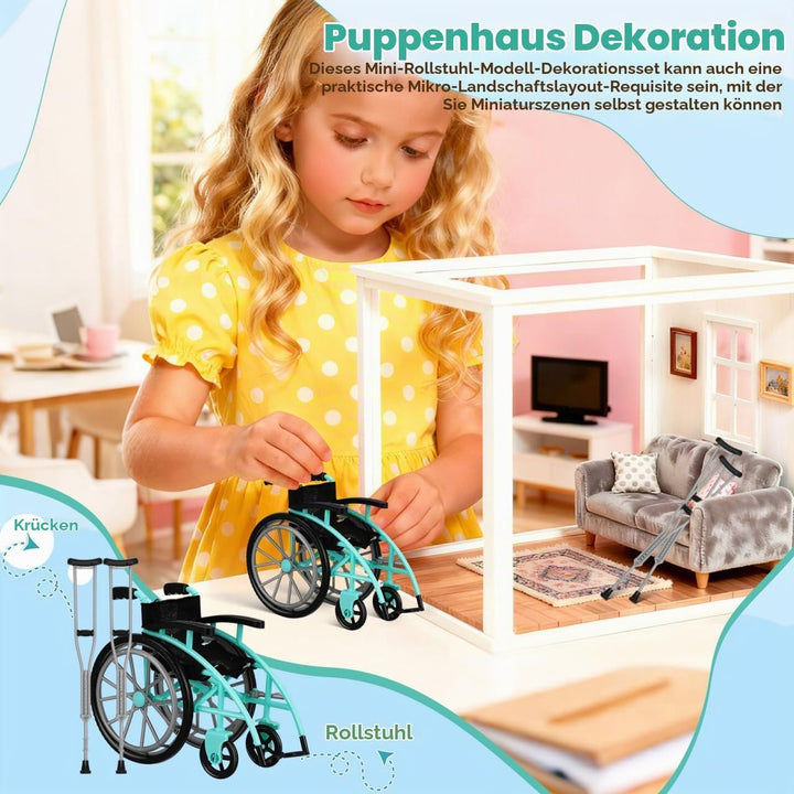 Miniatur-Rollstuhl Und Krücken Spielset Für Puppenhaus Zubehör Realistisches Faltbares Rollstuhlmode