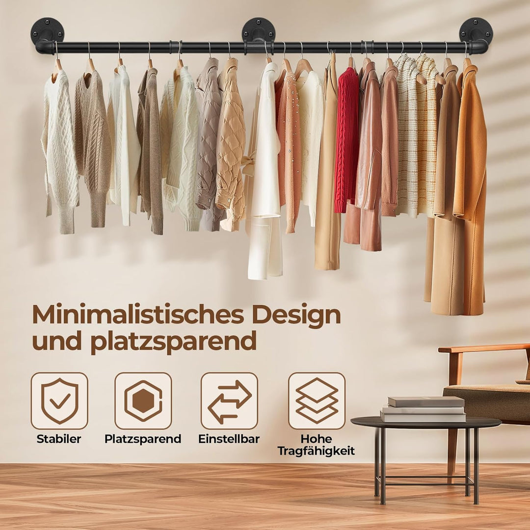 Mavivegue 150 cm Kleiderstange Wand, Industrieller Rohr-Kleiderständer zur Wandmontage, Garderobenst