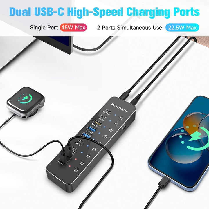 RSHTECH 10 Ports USB C Hub mit Netzteil - 3 USB 3.2 Gen 2 (2 Type C*1 Type A), 4 USB 3.0 (2 Typ C*2