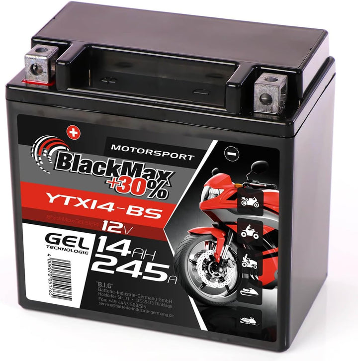 BlackMax YTX14-BS Motorradbatterie GEL 12V 14Ah CTX14-BS 51214 Batterie YTX14-4 14Ah - 220A - YTX14-