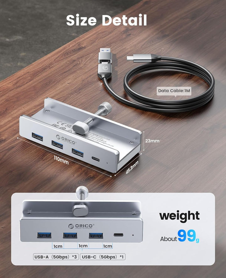 ORICO USB Hub, Aluminum USB 3.0 Hub Clip mit 5V Stromversorgungsanschluss, 5Gbps 4 Port USB Verteile