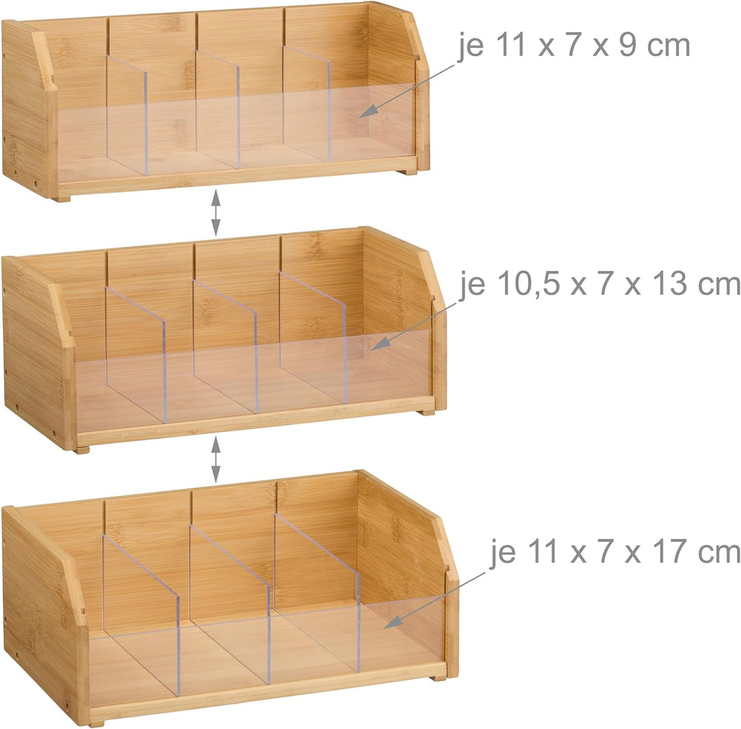 Relaxdays Tee Organizer, 12 Fächer, Bambus, HBT: 36x31x19 cm, Tee & Kaffeepads, Teebeutelbehälter mi