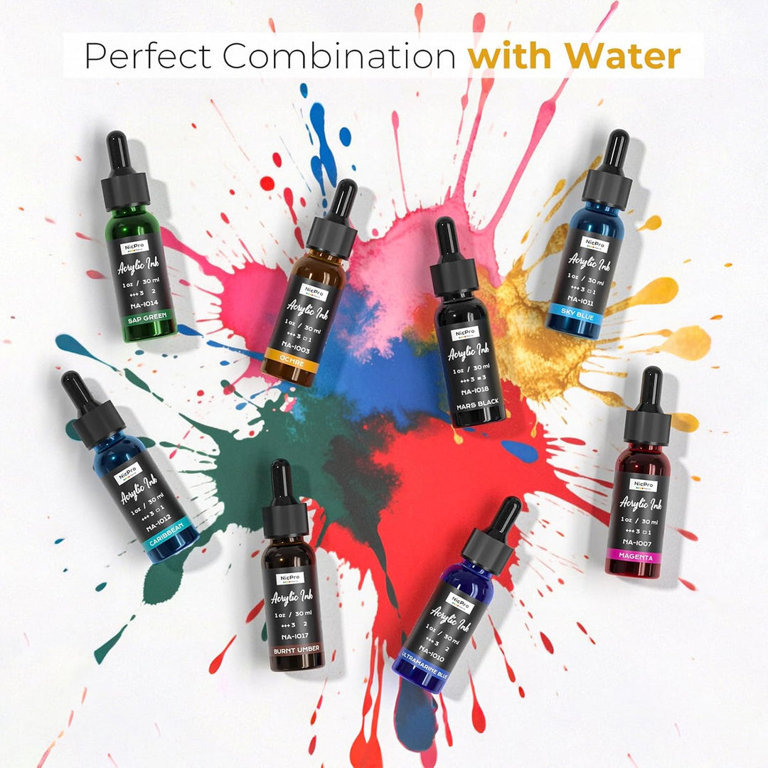 Nicpro 18 Farben Acrylic Ink Set, 30 ml Flasche mit Tropfer, Flüssige Acryltinte Schnell Trocknende,
