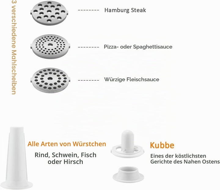 COOCHEER Elektrischer Fleischwolf 2000W Multifunktional mit 3 Mahlscheiben Wurstaufsatz Kebbe-Vorsat