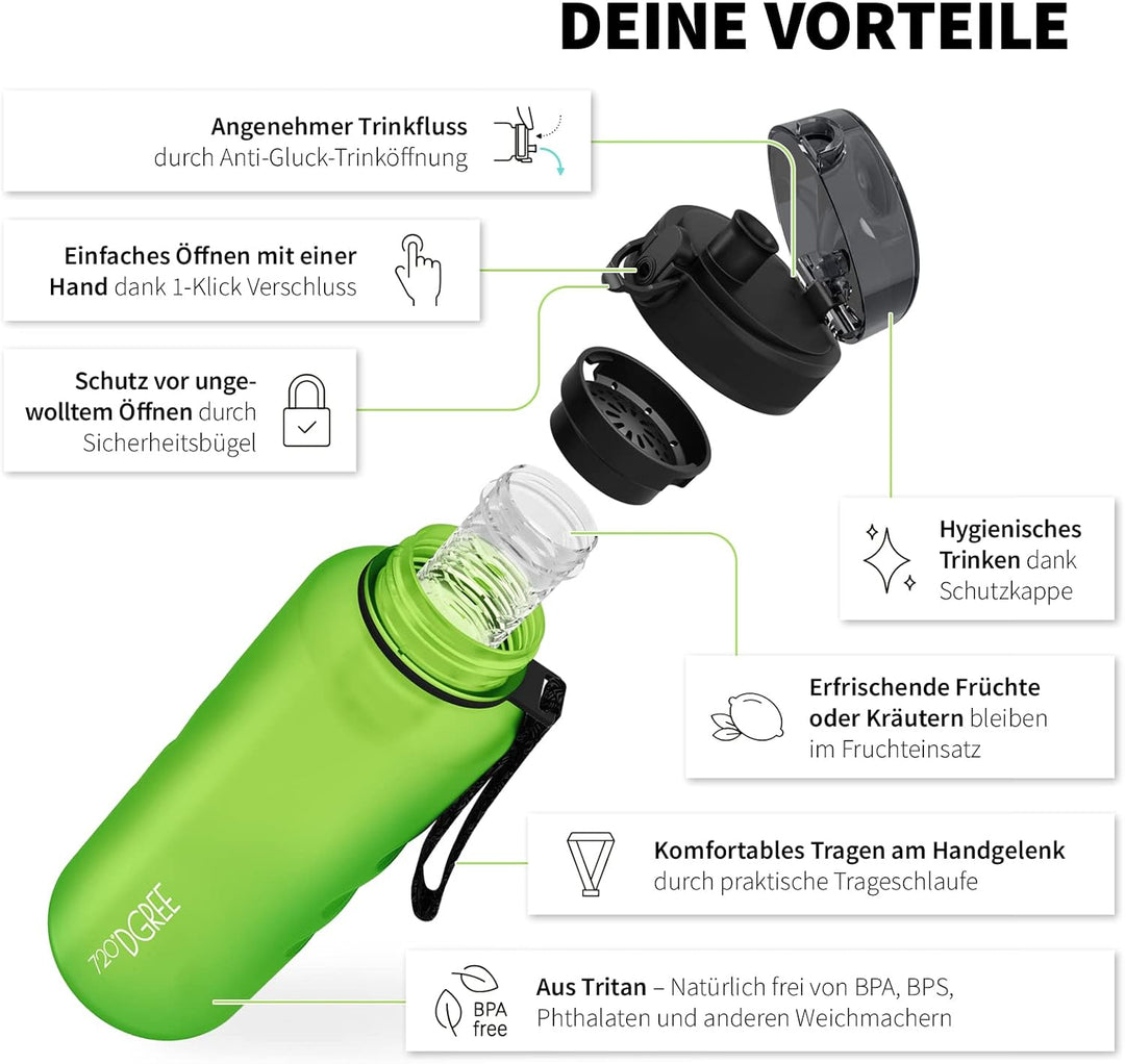 720°DGREE Trinkflasche “uberBottle“ 350ml, 500ml, 650ml, 1l softTouch +Früchtebehälter - Auslaufsich