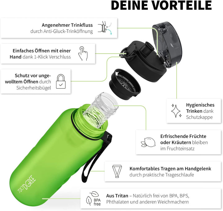 720°DGREE Trinkflasche “uberBottle“ 350ml, 500ml, 650ml, 1l softTouch +Früchtebehälter - Auslaufsich