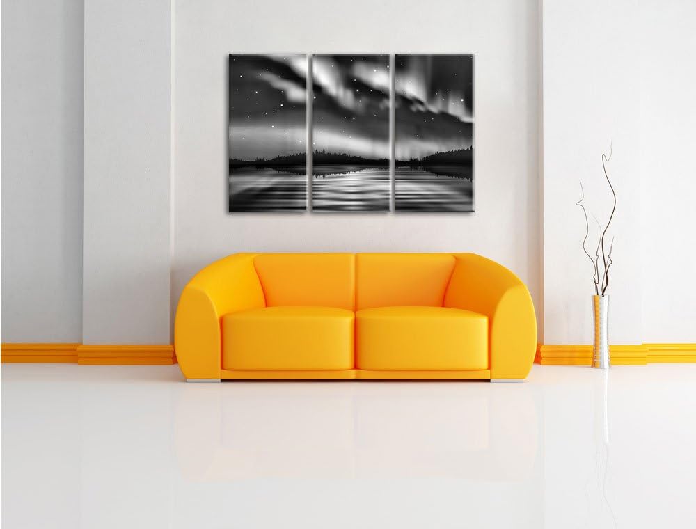Pixxprint Monocrome, Polarlichter in Alaska 3-Teiler Leinwandbild 120x80 Bild auf Leinwand