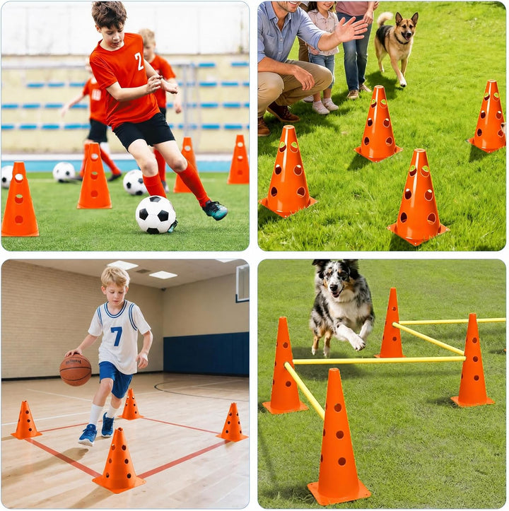 Steckhürdenset 10 Kegel + 5 Stangen, Höhenverstellbare Agility Hürden für Hundesport & Fussballtrain