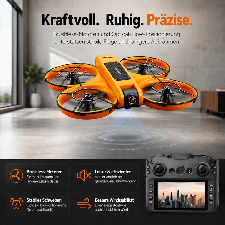 Drohne mit Kamera & Display Fernbedienung, Brushless Motor, Dual Kamera 90° verstellbar, FPV Live-Üb