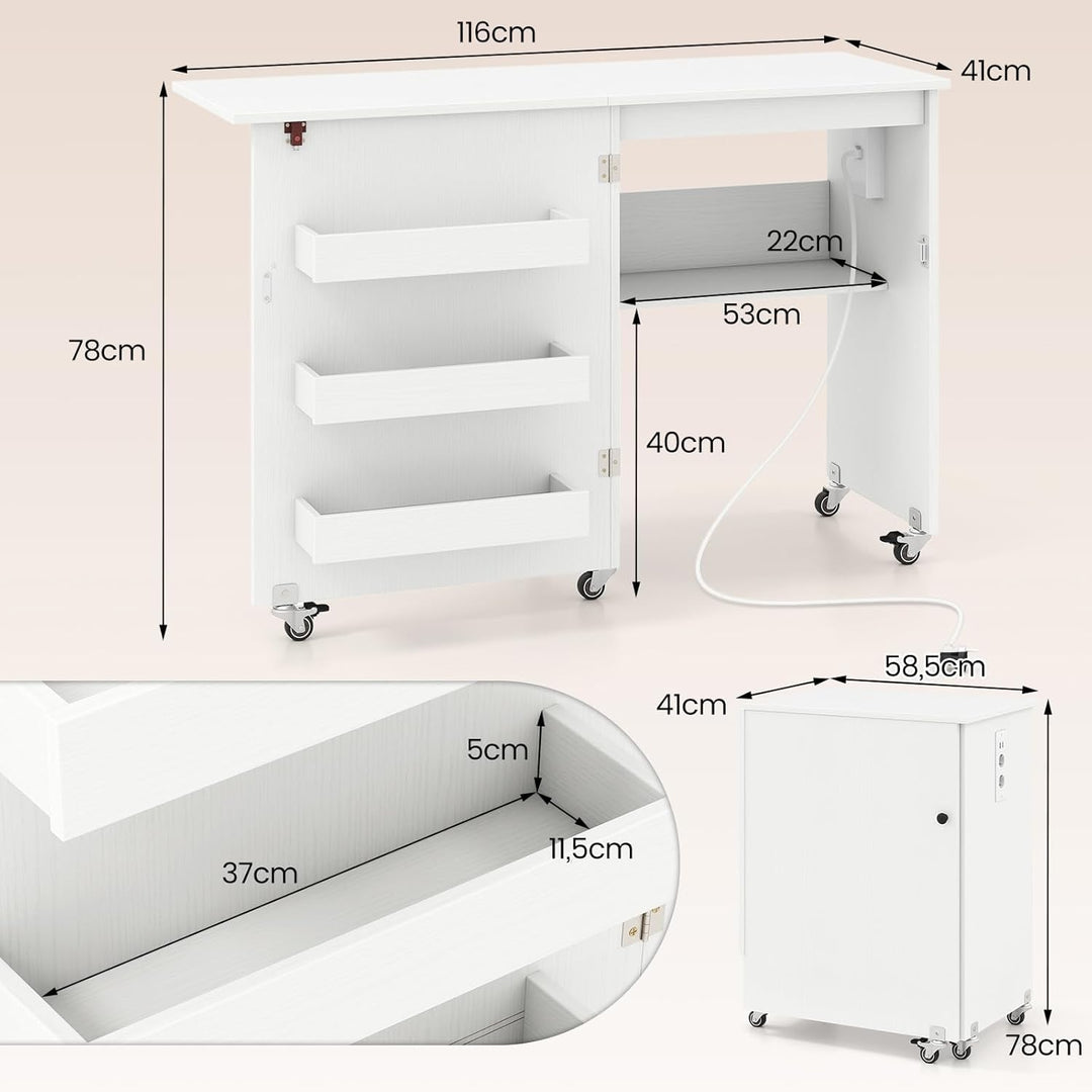 RELAX4LIFE 2 in 1 Nähtisch, Nähmaschinenschrank klappbar mit Ladestation, Nähschrank aus Holz mit Re