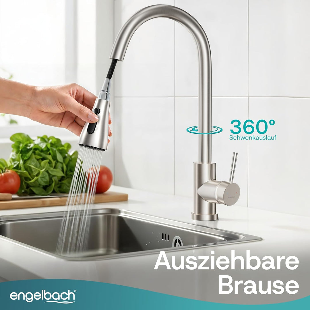 Engelbach® Wasserhahn Küche - ausziehbar & 360 Grad schwenkbar für maximale Reichweite - 304 Edelsta