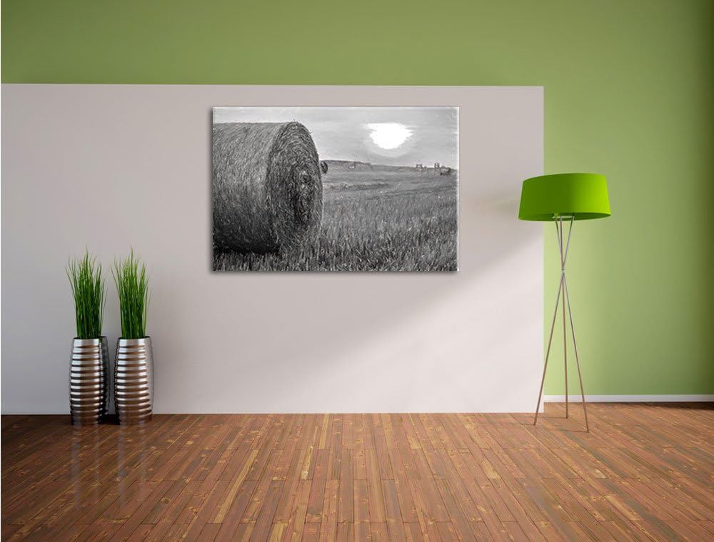 Pixxprint Strohballen auf Feld als Leinwandbild/Grösse: 100x70 / Wandbild/Kunstdruck/fertig bespannt
