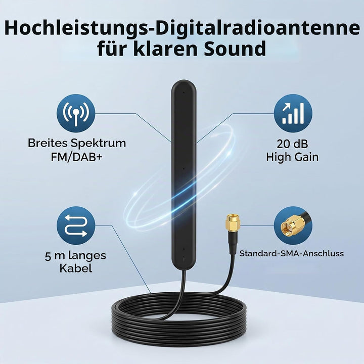 Greensen FM-Antenne, DAB-Antenne Digitale Radioantenne 5M SMA 20dB Signalempfang Klebemontage für FM