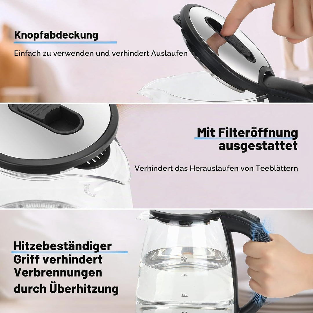 Glas Wasserkocher 2,0 liter, 2300w, BPA-frei, LED Beleuchtung, Schnelles Kochen,Wasserkocher aus Bor