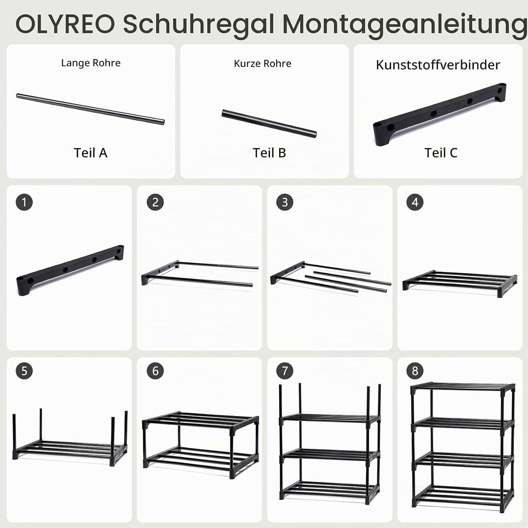 OLYREO Schuhregal mit 4 Ebenen, Schmal Platzsparend aus Metall Schwarz, Stapelbar Dauerhafte Schuhre