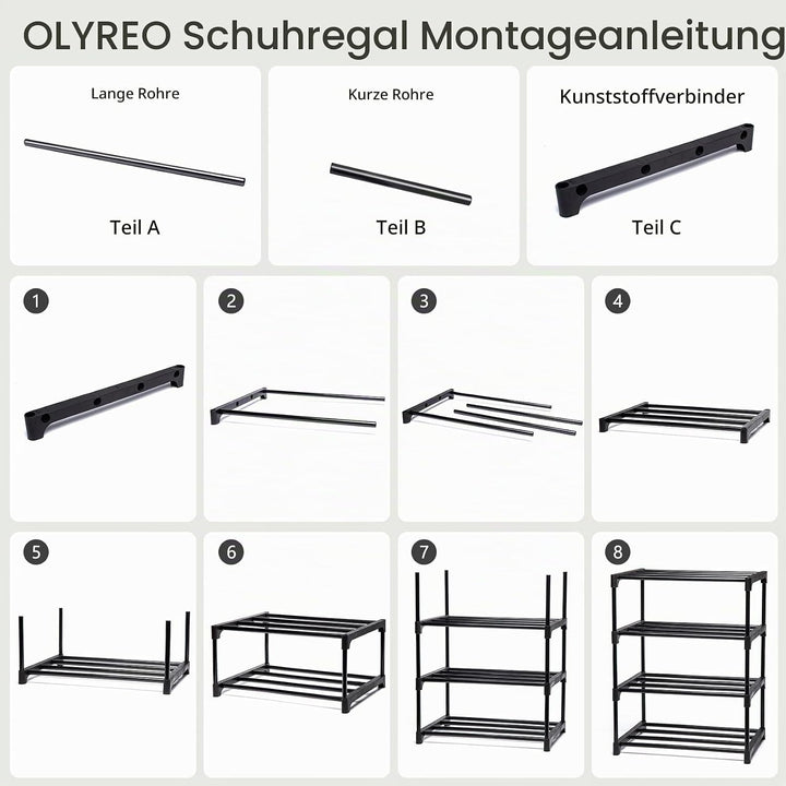 OLYREO Schuhregal mit 4 Ebenen, Schmal Platzsparend aus Metall Schwarz, Stapelbar Dauerhafte Schuhre