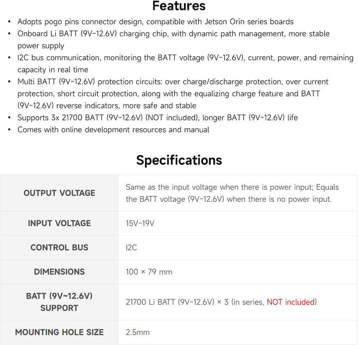Waveshare Uninterruptible Power Supply UPS Module (C) for Jetson Orin, Supports 21700 Li Batt (NOT I