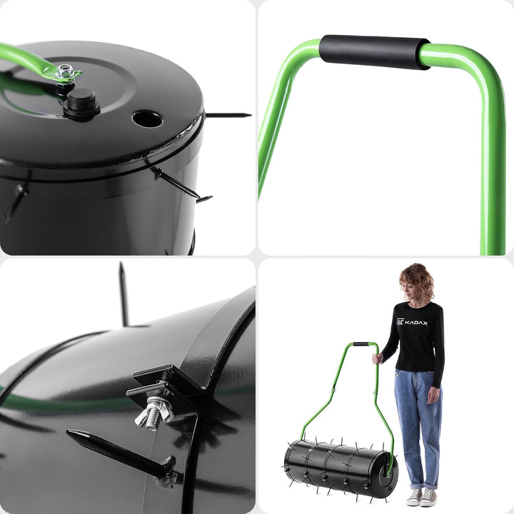 KADAX Rasenlüfter Walze 80 cm, Befüllbar mit Wasser oder Sand, Rasenwalze mit 6 cm Nägeln, Rasenbelü