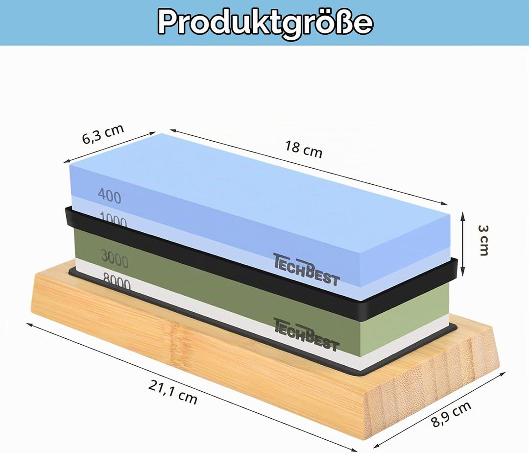 TechBest Schleifstein Messer Set - Wetzstein Körnung 400/1000 3000/8000 mit rutschfester Bambusbasis
